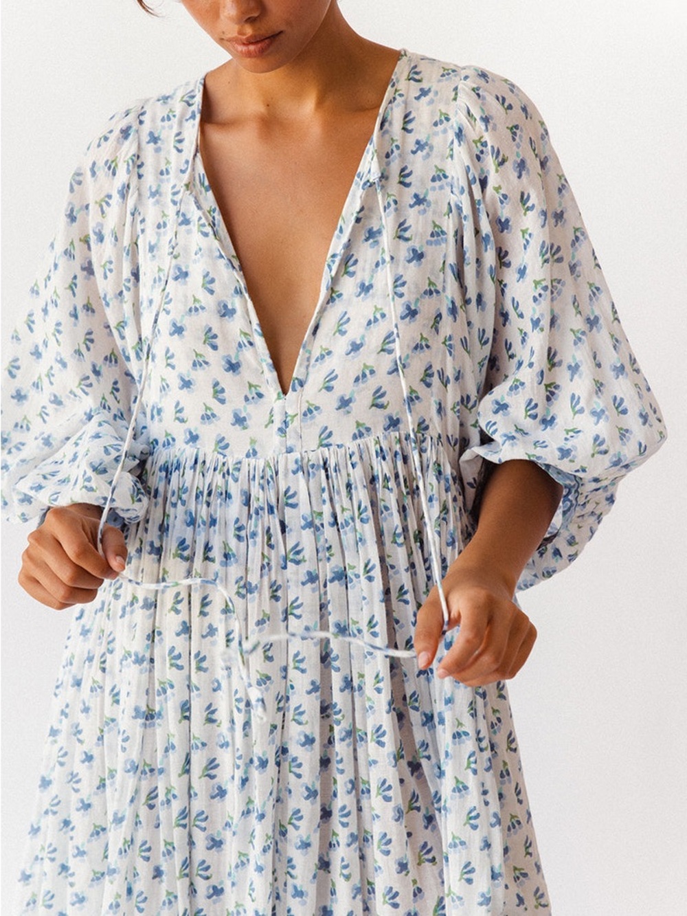 Daughters of India Kyra Maxi Dress Azure Blue Floral Cotton Size M